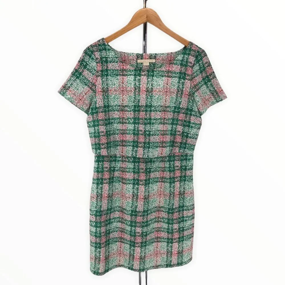 Cooper & Ella Pink Green Plaid Print Back Cutout Short Sleeve Dress size Small - Picture 3 of 12